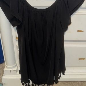 Off The Shoulder Tassel Trim Shirt